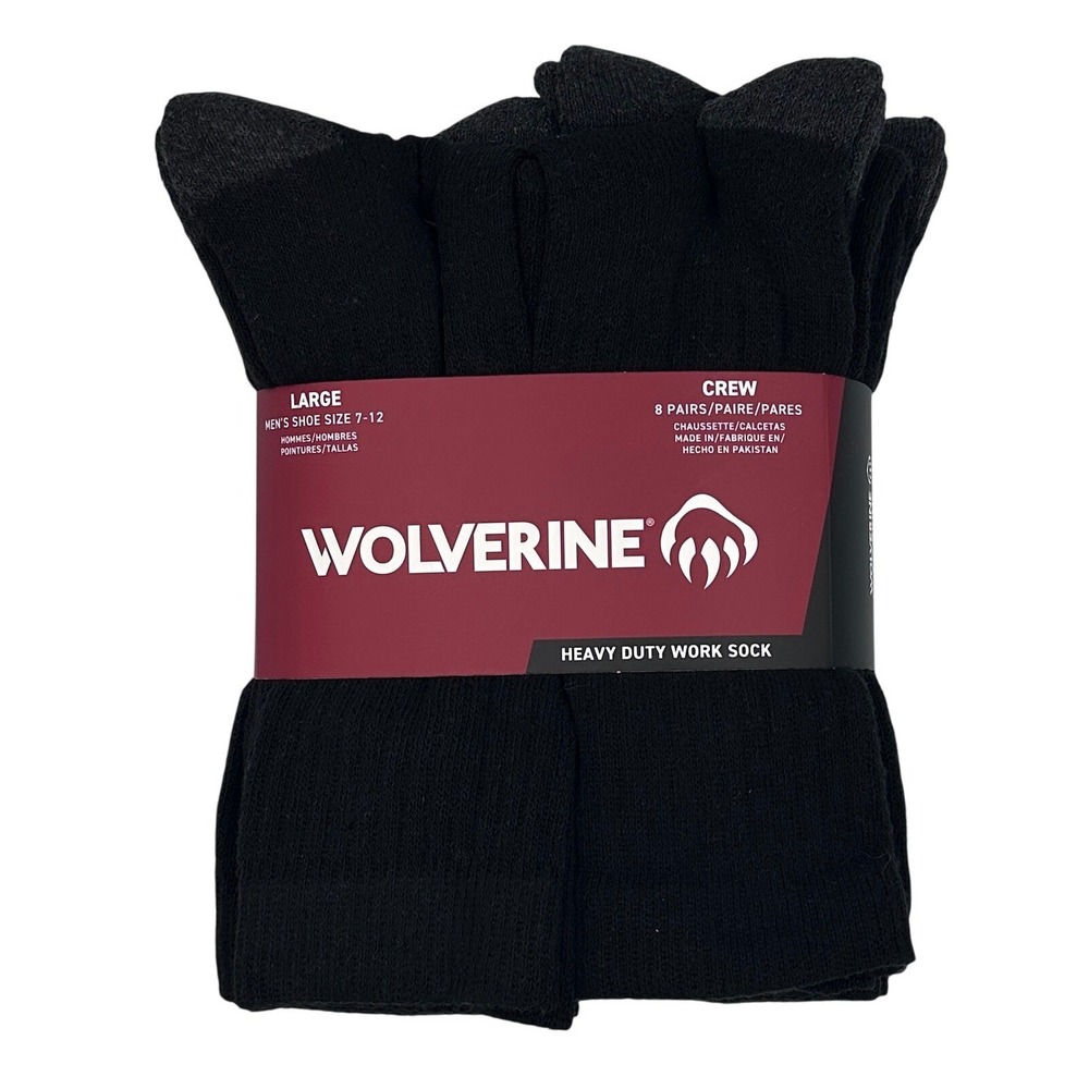 Wolverine Crew Socks Mens Large Black NWT 8 Pairs Heavy Duty Work Sock